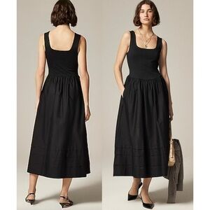 J.Crew Drop-waist midi dress black square neck cotton poplin skirt pocket SZ XXS